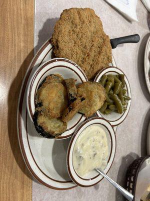 Chicken Fried Steak with fried zucchini and green beans.