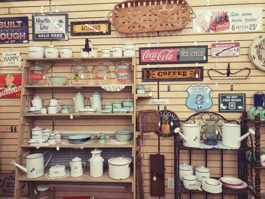 Dishes, kitchen goods, and signs.