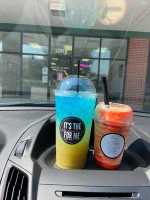 Mermaid mega bomb and orange pineapple sherbet protein shake