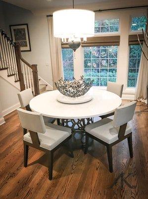 Mary side chair made with a solid walnut frame to show off the exposed apron and tapered curve legs.