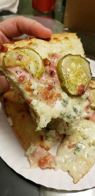 Pickle Pizza! Ham, bacon, gorgonzola, roasted fennel cream sauce pairs perfectly with th ed pickles and topped with fresh dill was amazing!