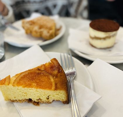 Desserts: tiramisu, apple pie and orange upside down