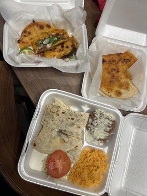 Chorizo con Queso Pupusas, Quesadilla Plate, Birria Platillo