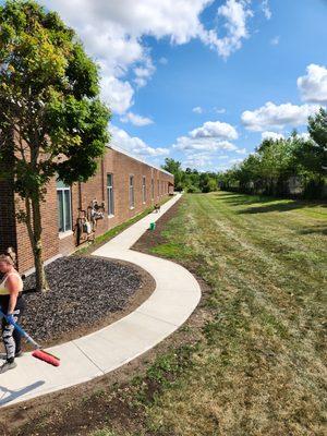 New concrete sidewalk with landscape repair