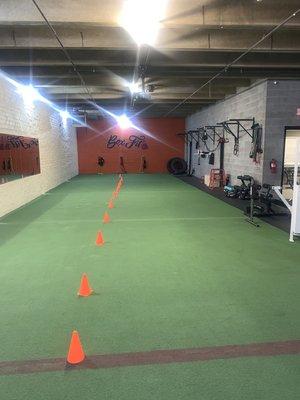 Indoor turf , pull up bars