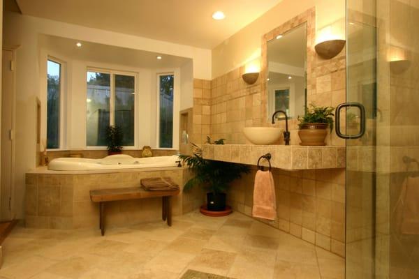 Bay window view with sink stand for vessel sink