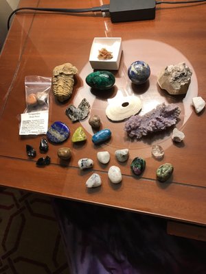 Grape agate, calcite, lapis, moonstone, trilobites, appetite, malachite, and much much more!!