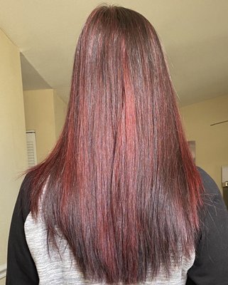 Before: at-home highlights with red manic panic dye over it.