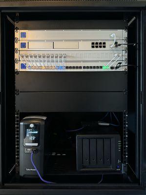 All new UniFi network cabinet with PSU and file server installed