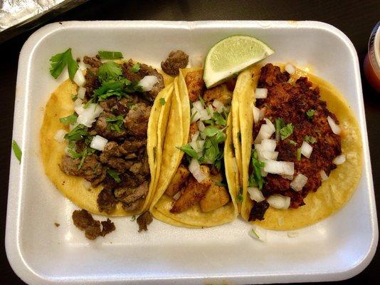 Steak, chicken and chorizo tacos!