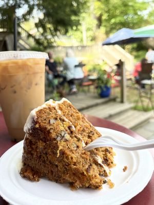 Carrot cake and iced coffee on the patio.  Divine.