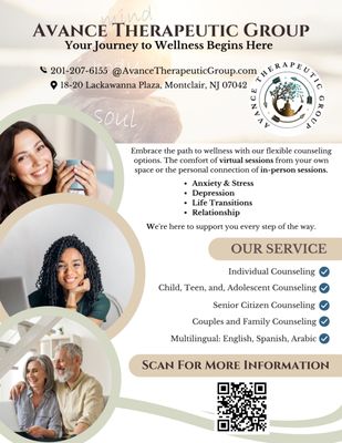 Avance Therapeutic Group Virtual and In-Person Mental Health Counseling Located in Montclair, NJ. Individual Counseling, CBT Counseling Teen