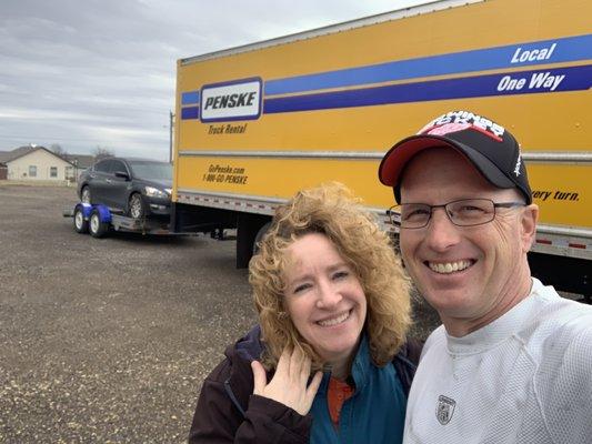 Truck, my wife, myself and our car on the carrier which was done with the assistance of Hilltop Storage.