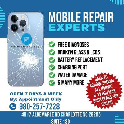 Iphone Back Glass Repairs For Iphone 8-13  Pro Max For $90.00