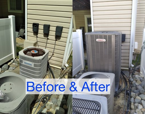 Before & After of an outdoor condenser showing a high efficiency upgrade.