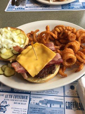 Bacon cheeseburger with curly fries