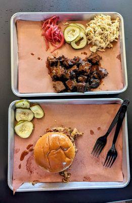 Burnt ends platter and pulled pork sandwich