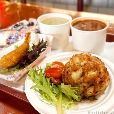 Jumbo lump crabcake, crab-stuffed shrimp, Maryland crab soup, clam chowder