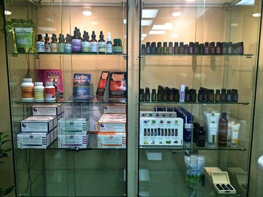 Some of the supplements and essential oils used/for sale in clinic.