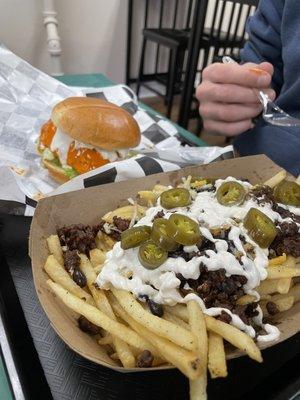 Loaded Fries and Buffalo Sandwich