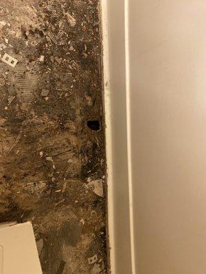 Hole through subfloor from water damage.