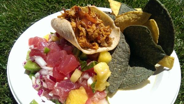 tuna, watermelon and basil ceviche with a carnitas taco