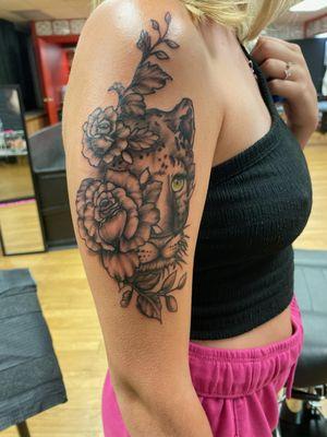 large black & grey floral and realistic animal upper arm piece