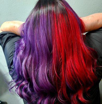 Red & Purple split dye with a drop of root for ease of maintenance!