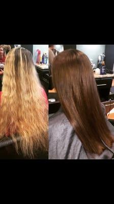 Before and after by Danielle. From dry frizzy blonde to healthy rich chocolate brown.