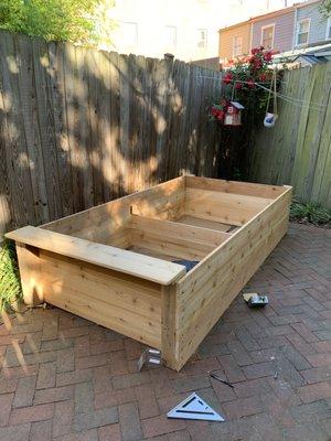 Individually designed raised garden bed, pre-soil with bench. Made for a customer in VA who had a patio but no yard/green space.