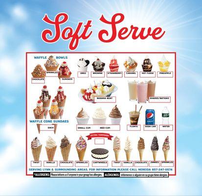 Our soft serve menu with vanilla, chocolate, and twist (both) ice cream.  We use real strawberries and pineapples, and fresh bananas!