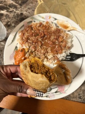 Full meal altogether. Rice with Chicken & Beef Empanadas