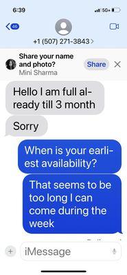 Text from Salon saying they didn't have any availability for 3 months