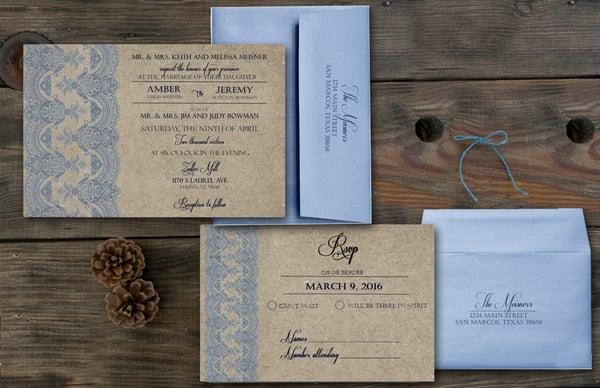 Dusty Blue Lace Wedding Invitations by Social Stationery socialstationery.org