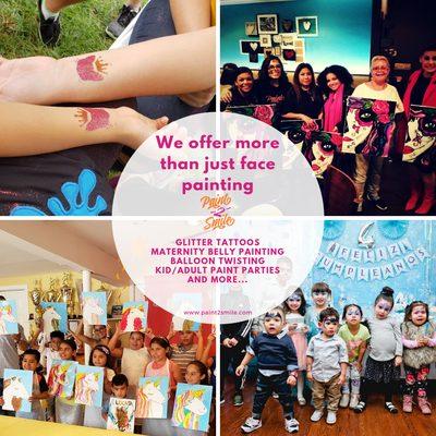 We offer maternity belly painting, glitter tattoos, balloon twisting, paint parties for kids and adults (canvas paint parties) and more.