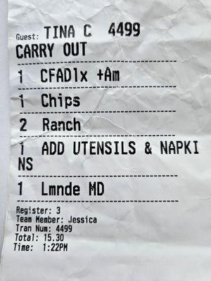 My carry out order receipt