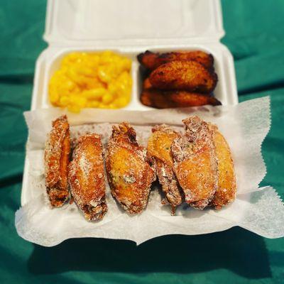 Jumbo chicken wings with ranch powder rice Mac and Cheese sweet plantains