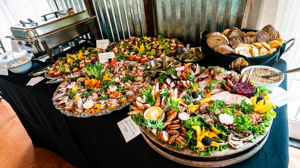 Polish Deli Meat Platter, Roast Beef Crostini, Watermelon cups and Pierogis (in warmer) BEAUTIFUL DISPLAY!!!