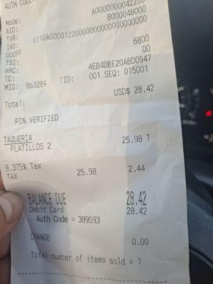 Receipt shows almost paid $30 for 2 burritos of bones.