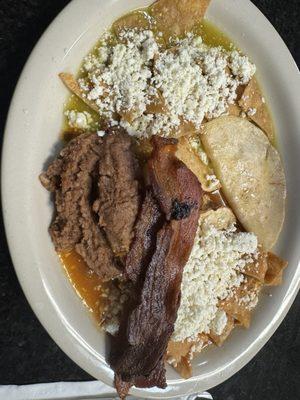 Chilaquiles Divorciados with a side of bacon