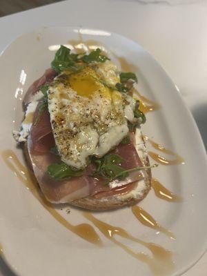 GCT with an egg. Gruyere cheese, prosciutto, arugula, hot honey topped with an egg. Delicious!