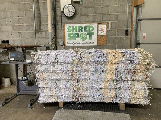 Shredded and compacted  paper bale ready for the paper mill