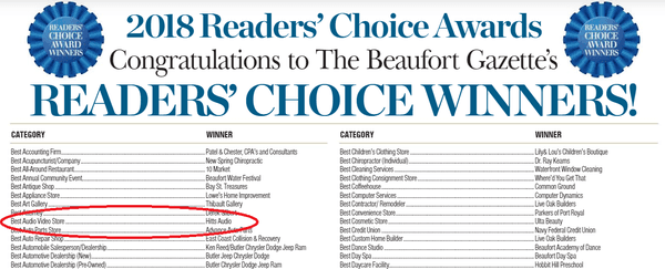 Very honored to have been chosen "Beaufort's Best Audio Store"