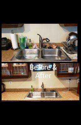 Before and after photo from a customer cleaning. This customer wanted her kitch organized and deep cleaned.