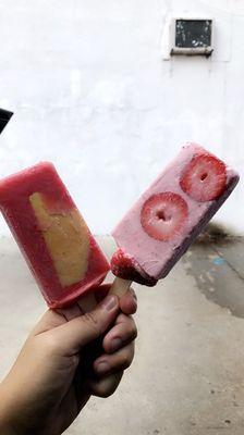 Left: Watermelon with mango and strawberries inside  Right: strawberries on strawberries