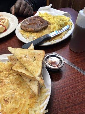 Mexican Omelette, steak and eggs, waffle