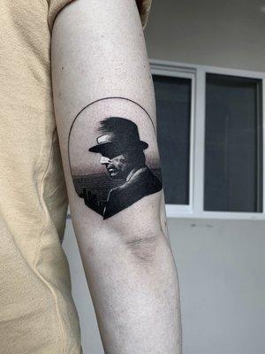 Black and grey tribute to the film Chinatown done by owner Christopher Velasquez