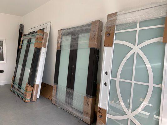 Samples of his doors ready to be installed