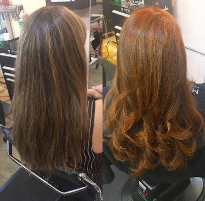 Added some movement with a layered cut and transformed this brunette into a hot red head!