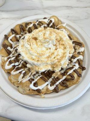 Cream cheese stuffed Waffee with marshmallow cream, Nutella, homemade whipped cream and crushed Nilla wafers